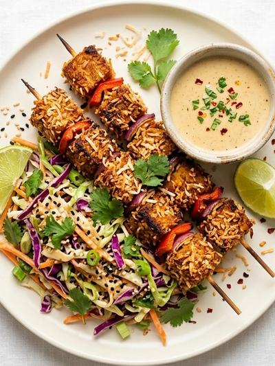 Air Fryer Coconut-Curry Tempeh Skewers with Sesame-Lime Slaw