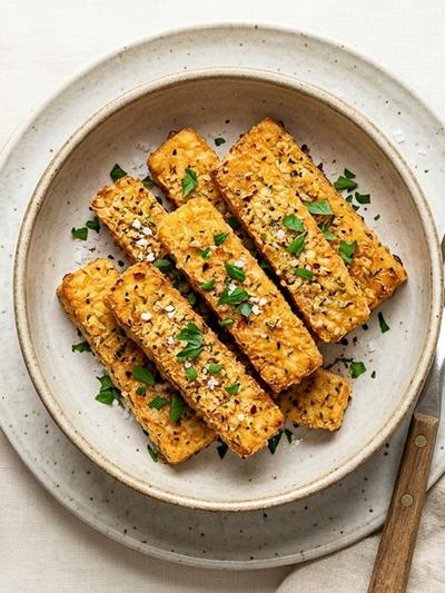 Air Fryer Crispy Italian Tempeh Sticks with Basil Cream Dip