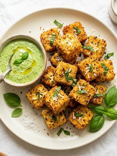 Air Fryer Crispy Paneer Parmesan Bites with Basil Dipping Sauce