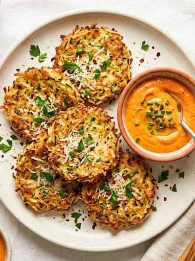 Air Fryer Italian Coconut Zucchini Fritters with Roasted Red Pepper Aioli