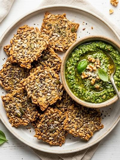 Air Fryer Italian Herb Seed Crackers with Walnut-Basil Pesto