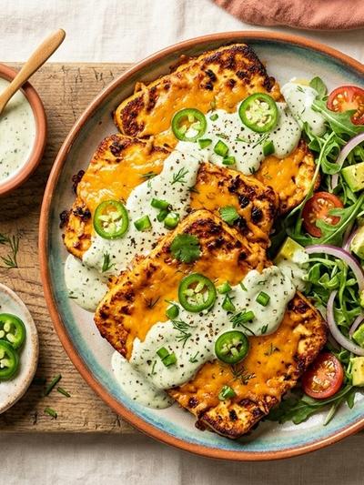 Air Fryer Loaded Cheddar Paneer Steaks with Jalapeño Ranch