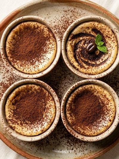 Air Fryer Mascarpone Espresso Mini Cheesecakes with Cocoa Dust