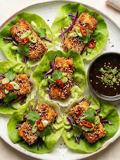 Air Fryer Sesame Halloumi Lettuce Wraps with Ginger Soy Glaze