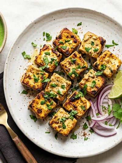 Air Fryer Tofu Malai Tikka with Mint Yogurt Chutney