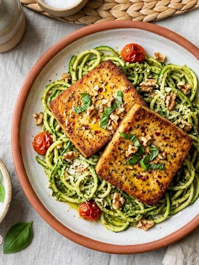 Air Fryer Tuscan Tofu Steaks with Walnut-Basil Pesto Zoodles