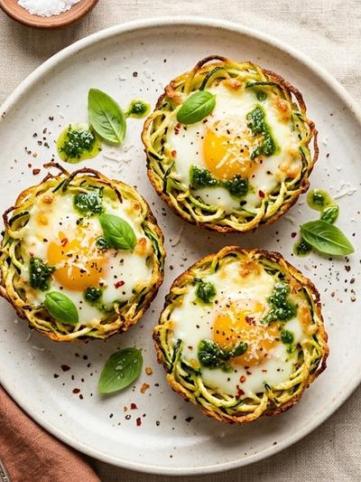Air Fryer Zucchini Nest Egg Bakes with Parmesan & Basil Oil