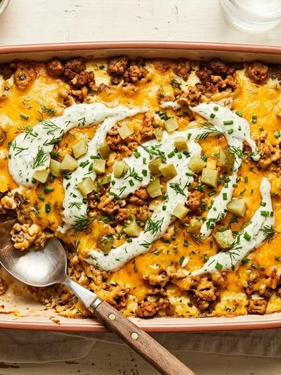 Batch-Prep Tempeh Cheeseburger Casserole with Dill Pickle Cream