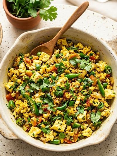 One-Pan Paneer Bhurji Egg Scramble with Green Chili & Cilantro