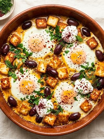 One-Pan Sumac Butter Eggs with Crispy Halloumi & Kalamata Olives