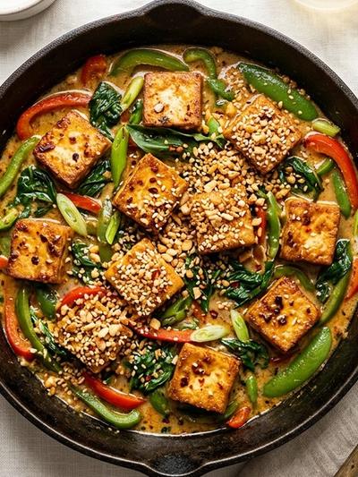 One-Pan Thai Basil Coconut Tofu with Crispy Sesame Crumble