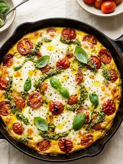 One-Skillet Caprese Frittata with Melted Mozzarella and Pesto
