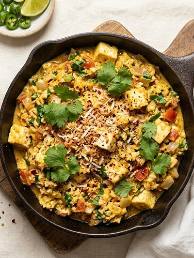 One-Skillet Coconut Anda Bhurji with Toasted Coconut Crumble