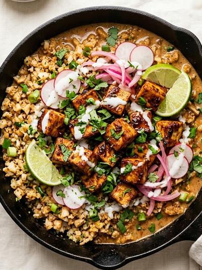 One-Skillet Coconut Chipotle Tofu with Mexican Cauliflower Rice