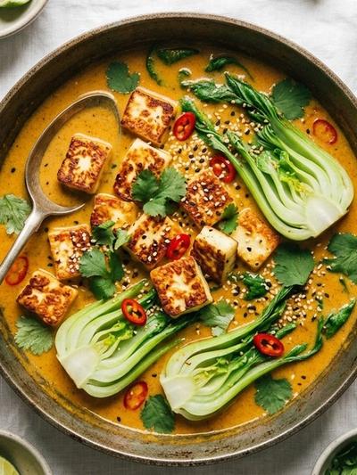One-Skillet Coconut Curry Halloumi with Sesame Bok Choy