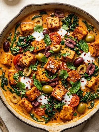 One-Skillet Coconut Harissa Tofu with Olives and Wilted Greens
