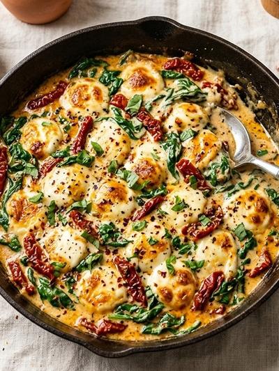 One-Skillet Creamy Tuscan Mozzarella with Sun-Dried Tomatoes