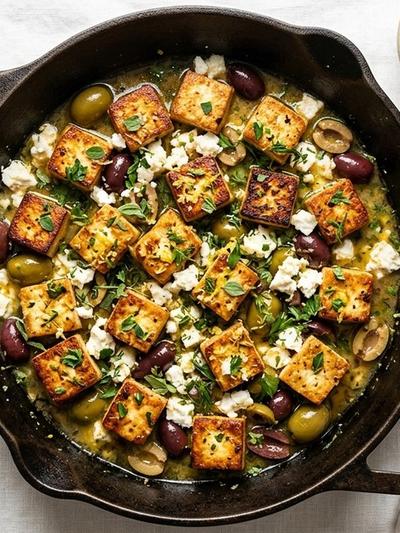 One-Skillet Greek Tofu with Feta, Olives & Lemon-Herb Butter