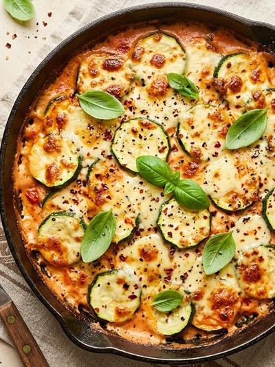 One-Skillet Mascarpone Rosa Zucchini Bake with Mozzarella & Basil