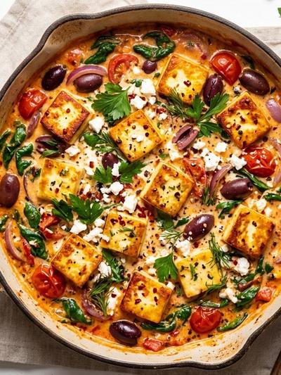 One-Skillet Mediterranean Paneer in Roasted Red Pepper Feta Cream