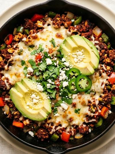 One-Skillet Tofu Chorizo with Pepper Jack and Avocado