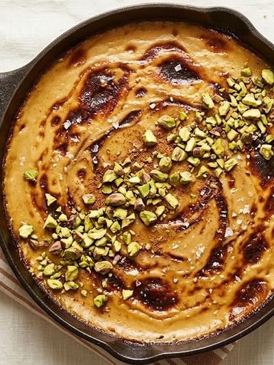 One-Skillet Turkish Caramel Egg Custard with Tahini & Pistachios