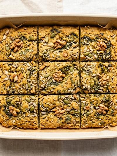 Savory Italian Seed & Walnut Breakfast Bars with Basil Pesto
