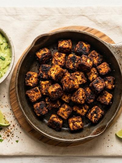 Skillet Blackened Popcorn Tofu with Cajun Avocado Dip