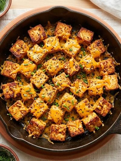 Skillet Cheddar-Ranch Tofu Poppers with Creamy Dill Dip