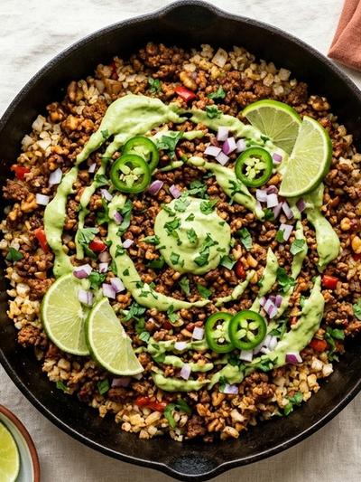 Smoky Mexican Walnut & Hemp Taco Skillet with Avocado Crema