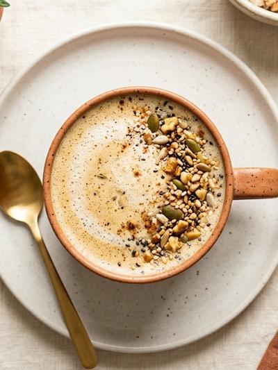 Warm Mediterranean Tahini Latte with Air-Fryer Seed Crunch