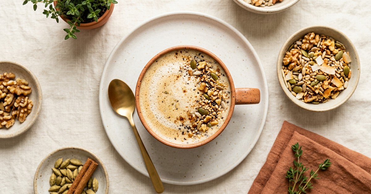 Warm Mediterranean Tahini Latte with Air-Fryer Seed Crunch